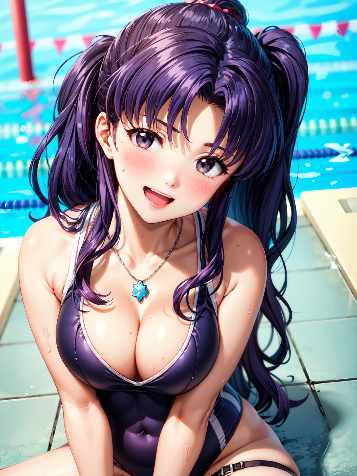 Masterpiece ,best quality , high resolution , ultra detail , colorful , soft light , mild light , sunlight , shinny , (perfect fingers , Detailed fingers, perfect hands) , (1 girl solo:1.38) , (Misato katsuragi) , (black eyes, ponytail , purple hair, medium_long_hair, make up, necklace, tall, slim body,) , (navel , belly , narrow waistline , wear one piece swimming suit , water , moisture , thigh strap, head tilt) , (cleavage:1.15) , (big breast:1.13) , (outdoor , beside swimming pool , blue sky) , (sitting on floor) , ( full face blush , shy , smile , open mouth) , (face viewer , look at the viewer)