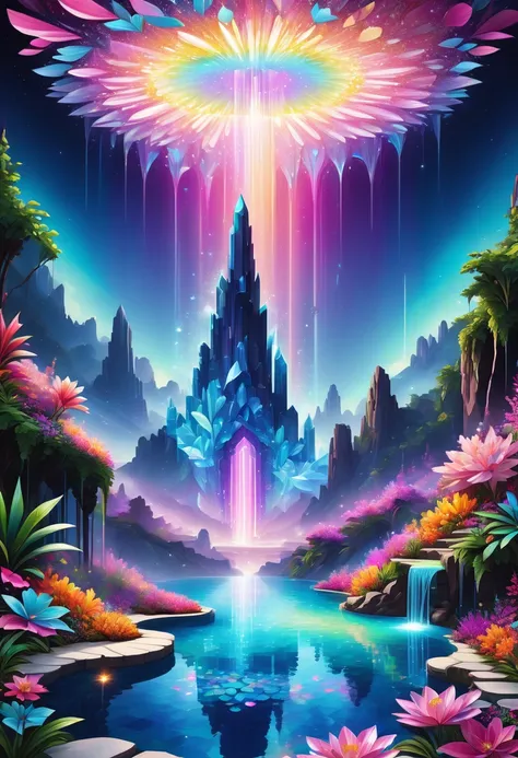 an ethereal paradise of pastel petals, cascading crystals, and a glimmering, crystalline pool reflecting a kaleidoscope of neon ...