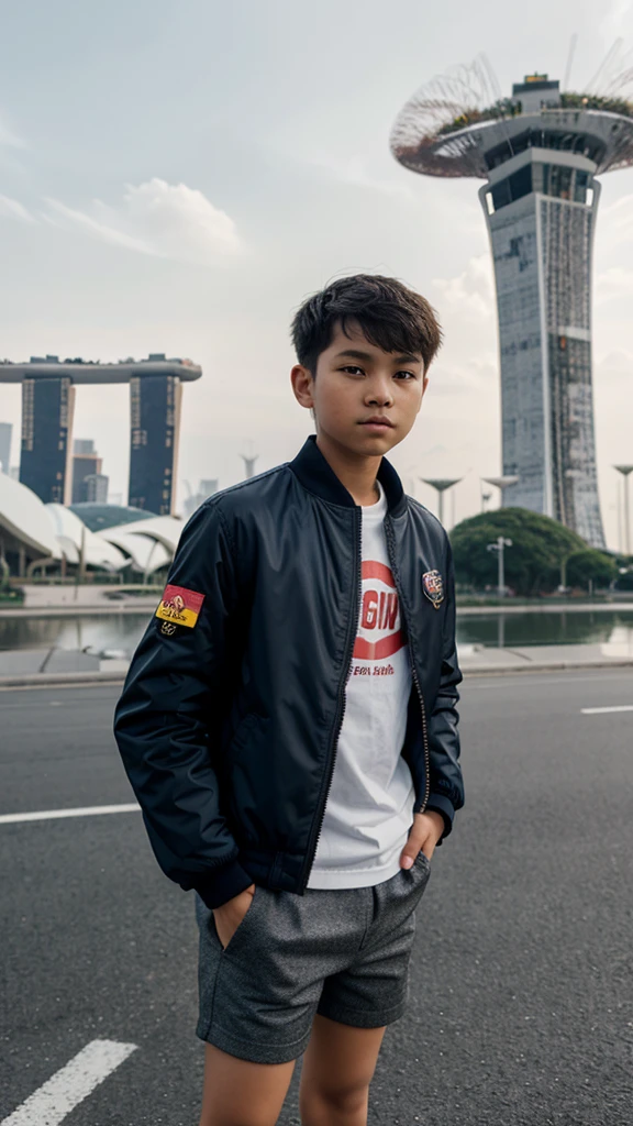 A boy 14 years old, short hair, wear jacket & sneakers at Singapore lamdmark