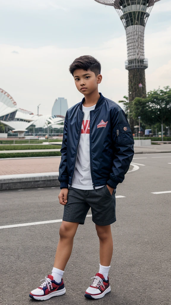 A boy , short hair, wear jacket & sneakers at Singapore lamdmark
