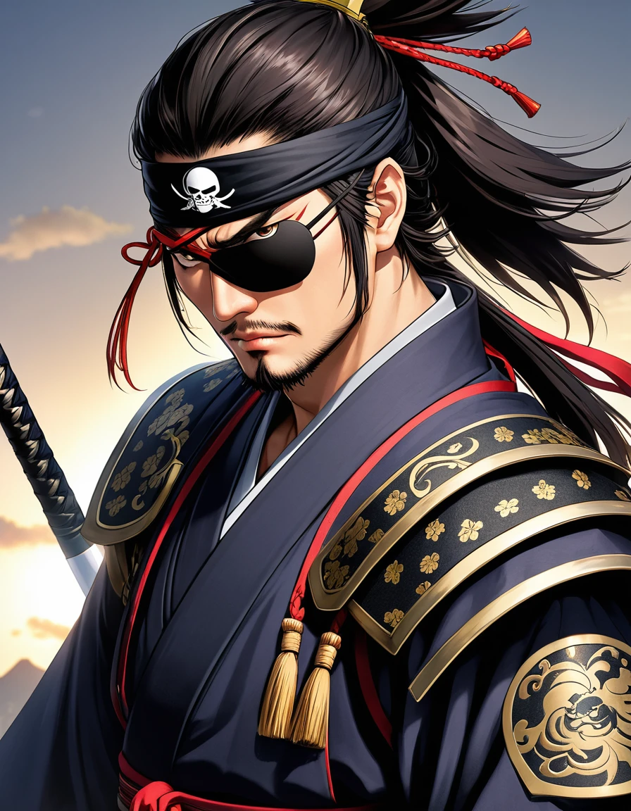 One-eyed samurai, eyepatch, glare,