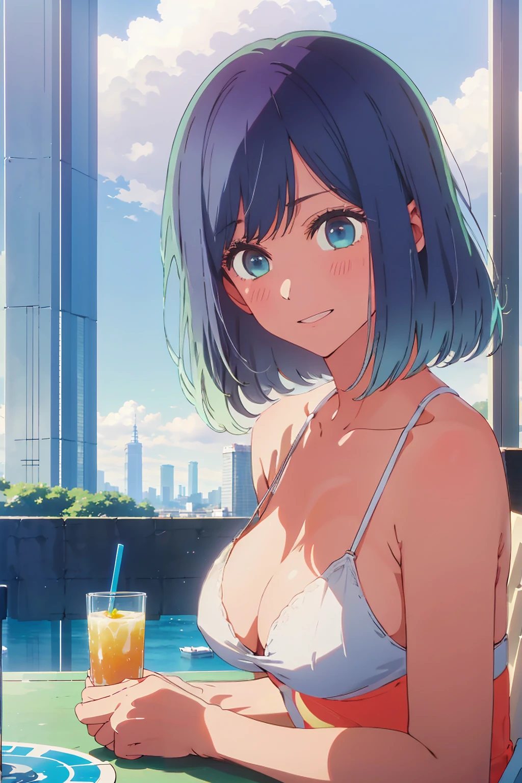 Highest quality,8k,detailed,F cup bust、Big Breasts、Very cute face、Slim and beautiful arms、Slim body、((((1 person、looking at the camera、smile、Very white beautiful skin、Thin white bikini、smile、sit、In the background are the skyscrapers of Tokyo city、Outdoor café terrace、Drink juice、Cheek resting on hand、coastal、table、Shooting from a distance))))、I can see the deep blue sky、She tilted her head slightly、The atmosphere is bright and lively、The woman is at the center of the image。