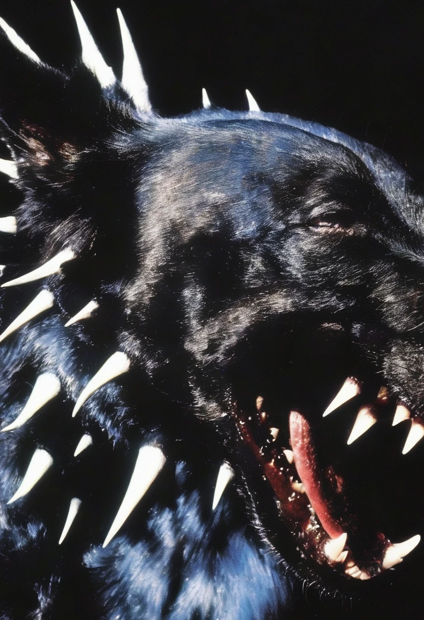 close up abstract photorealistic art of dog white spikes and giant teeth at night