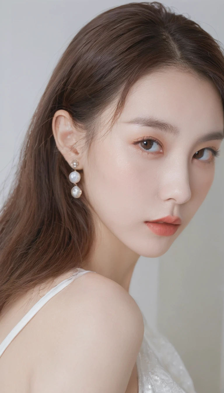 xxmixgirl, analog style, eye focus, highest quality, (highly detailed skin), photo of a exquisitely beautiful pale skin, 21yo, perfect face, alluring eyes, (seductive makeup: 1.3), skin pores, (bokeh:1.5), sharp focus, dappled lighting, (backlighting), film grain, (highly detailed, intricately detailed), 8k, HDR, front view, studio light, Ultra-detailed face, Detailed eyes, (Double eyelid: 1.4), Alice toggle, brown eye, (commercial: 1.6), (seductive makeup), ((white studio background: 2))
