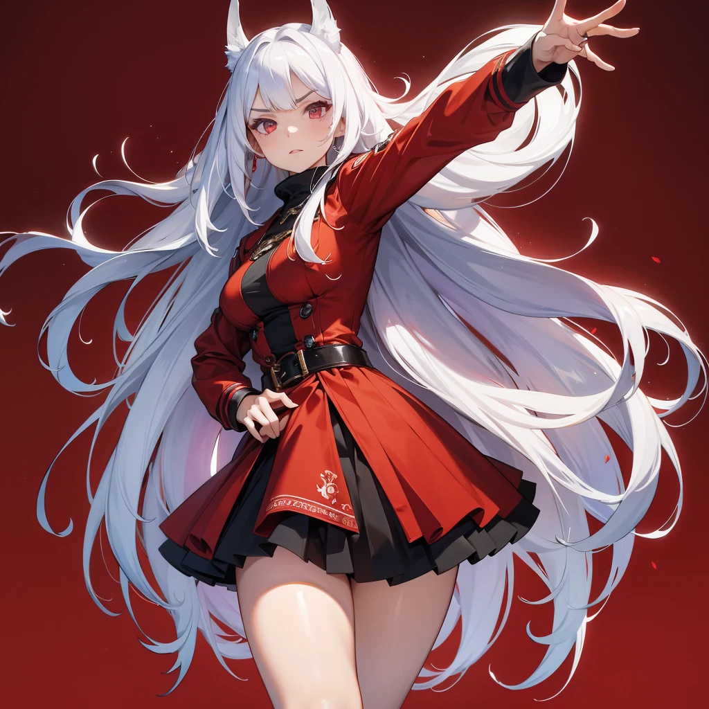 1girl、Dynamic composition、((Perspective Lens, A woman with long white hair and red inner color,  Dynamic poses with serious and mean expressions, Holding a large Barrett MB2A1 with both hands)) ((Pure Red Background:1.2)),Anime Style、detailedな目、Looks like she&#39;s in her early 20s,Shooting in mid-motion,With her long braided hair fluttering. Her outfit is reminiscent of a butterfly,Black, red and gold colour palette,Be playful.Dragon Ball Scouter、neon_outlines,Super huge、detailed、gun