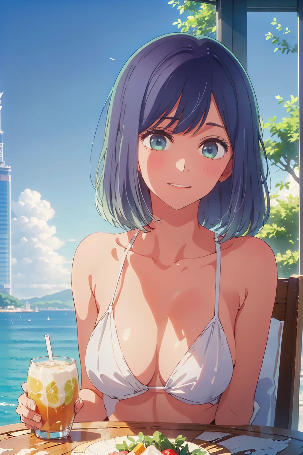 Highest quality,8k,detailed,F cup bust、Big Breasts、Very cute face、Slim and beautiful arms、Slim body、((((1 person、looking at the camera、smile、Very white beautiful skin、Thin white bikini、smile、sit、In the background are the skyscrapers of Tokyo city、Outdoor café terrace、Drink juice、Cheek resting on hand、coastal、table、Shooting from a distance))))、I can see the deep blue sky、She tilted her head slightly、The atmosphere is bright and lively、The woman is at the center of the image。