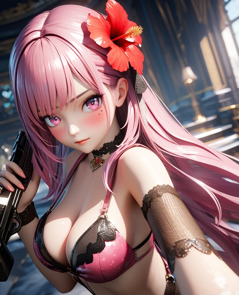 masterpiece,highest quality, Very detailed, High resolution, expensive resolution, High resolution, 4K, 8k, unity 8k wallpaper, Very detailed CG, masterpiece, 2D, 3D, Beautiful details, depth, Fine texture , highest quality: 1.3, Fully focused, Crispy.skin, .he,
Very cute anime girl 、bikini、Large Breasts、Pink medium-long hair wearing expensive , Two Girls、Holding a gun, Mole under the eye, looking at the viewer , expensive , blush, Mole, Lips parted, Hibiscus Hair Accessories, heart, Pink Eyes, choker