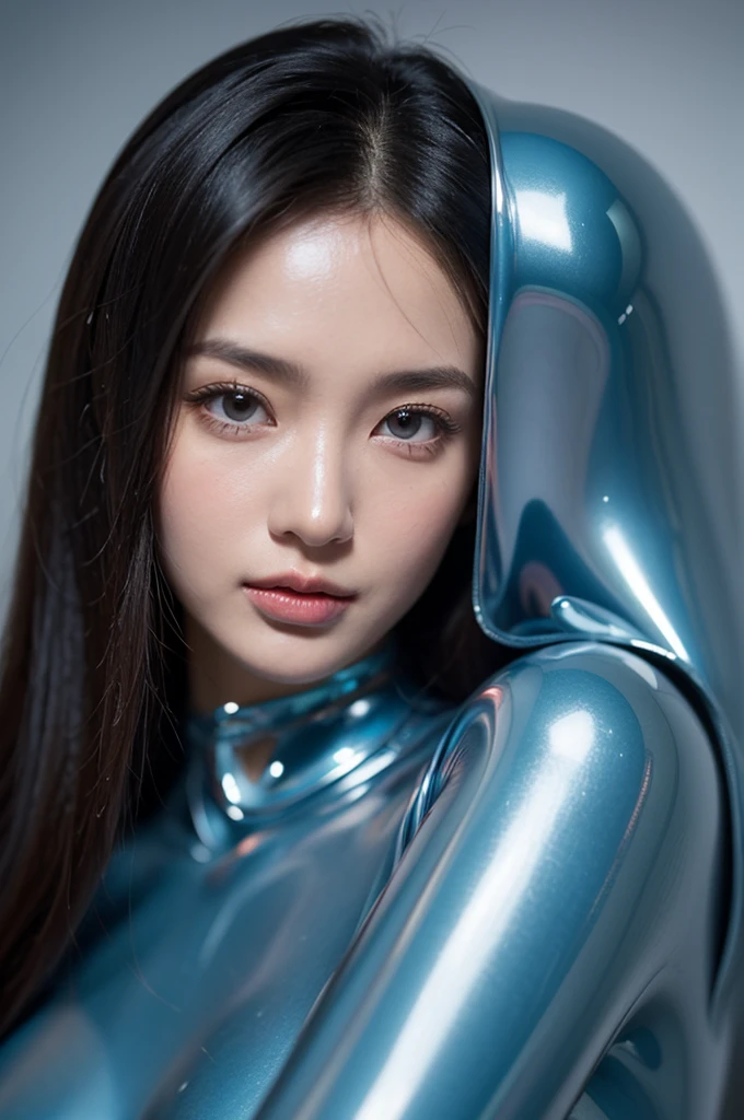 A woman, Analog Style, RAW photograph ((Portraiture:1.8)),Long Hair, ((Cute face: 1.7, Perfect Face:1.3)), View your viewers, (Shiny Body:1.5, Pale skin:1.5), highest quality, Spectacular (photograph Lee Jeffries and Quentin Tarantino, Sony a7, 50mm, pores:1.5, color, Hyper Detail:1.5, Film Grain:1.4, Surreal: 1.5), Ultra-realistic texture, Tabletop, Unreal Engine 5, Highly detailed CG Unity 8k wallpaper, Realistic eyes, Digital SLR, Highly detailed photograph, (Ecstasy of Light and Shadow, Deep Shadow), (Pulitzer Prize for Photograph, Taylor Wessing Photography Award), Shiny latex suit, Wear a tight latex suit, Knee-high boots, Full body, Well-formed face, Extraordinary beauty, Blue Skin, Latex Glove, Wearing a very tight latex suit, Smooth Blue Skin, Blue body, Shiny metallic skin, Futuristic Shiny Transparent Set, shiny plastic armor, Shiny glossy skin, tight full body suit, Embrace transparency, Shiny, Knee-high boots, Keiko Kitagawa, women only, Female Body, Clear skin, A body like Western art, Physical Beauty, Oily skin, Oil luster, Voluptuous body, perfect body, perfect style, model style, Mistress, Ultra detail,