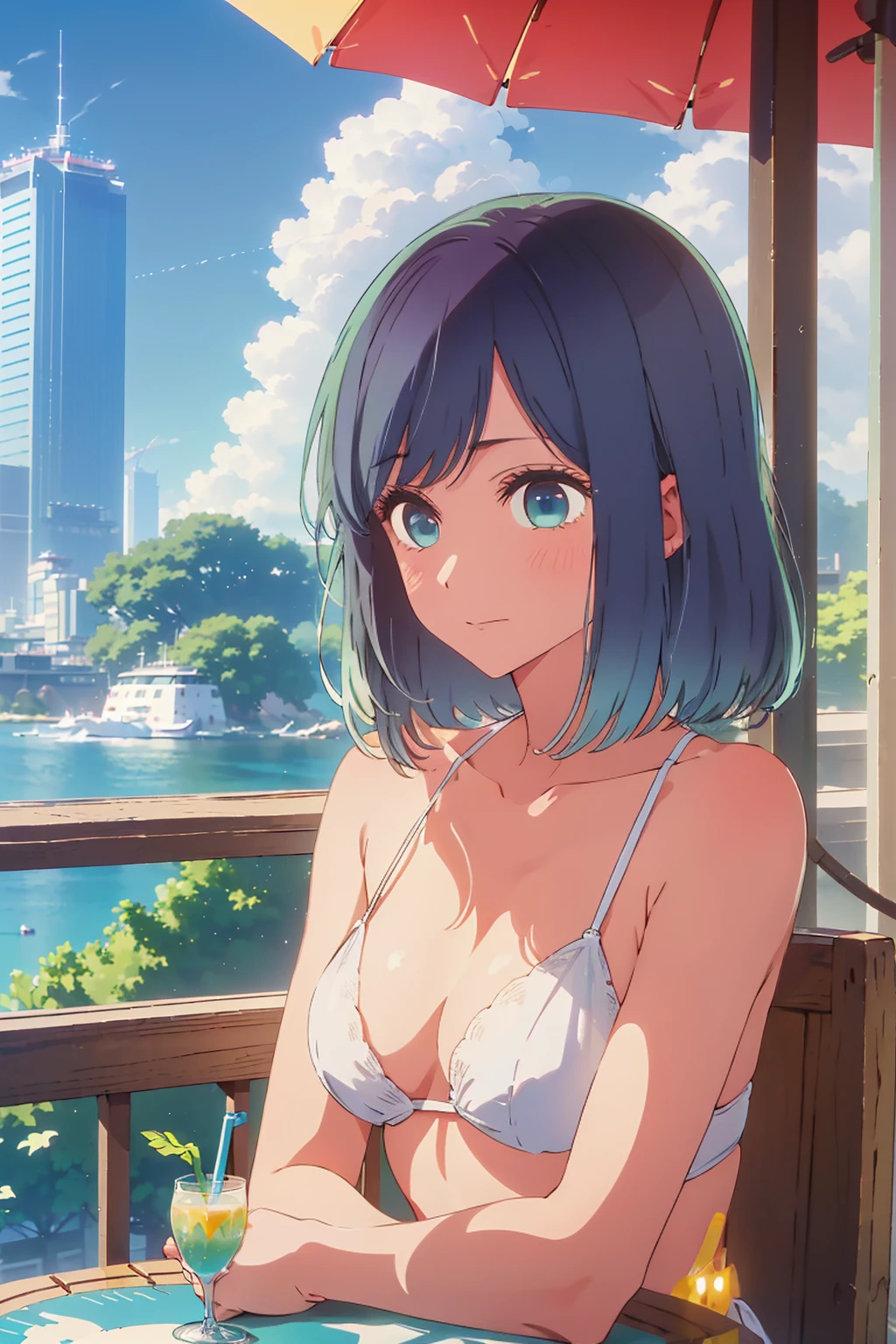 Highest quality,8k,detailed,F cup bust、Big Breasts、Very cute face、Slim and beautiful arms、Slim body、((((1 person、looking at the camera、smile、Very white beautiful skin、Thin white bikini、smile、sit、In the background are the skyscrapers of Tokyo city、Outdoor café terrace、Drink juice、Cheek resting on hand、coastal、table、Shooting from a distance))))、I can see the deep blue sky、She tilted her head slightly、The atmosphere is bright and lively、The woman is at the center of the image。