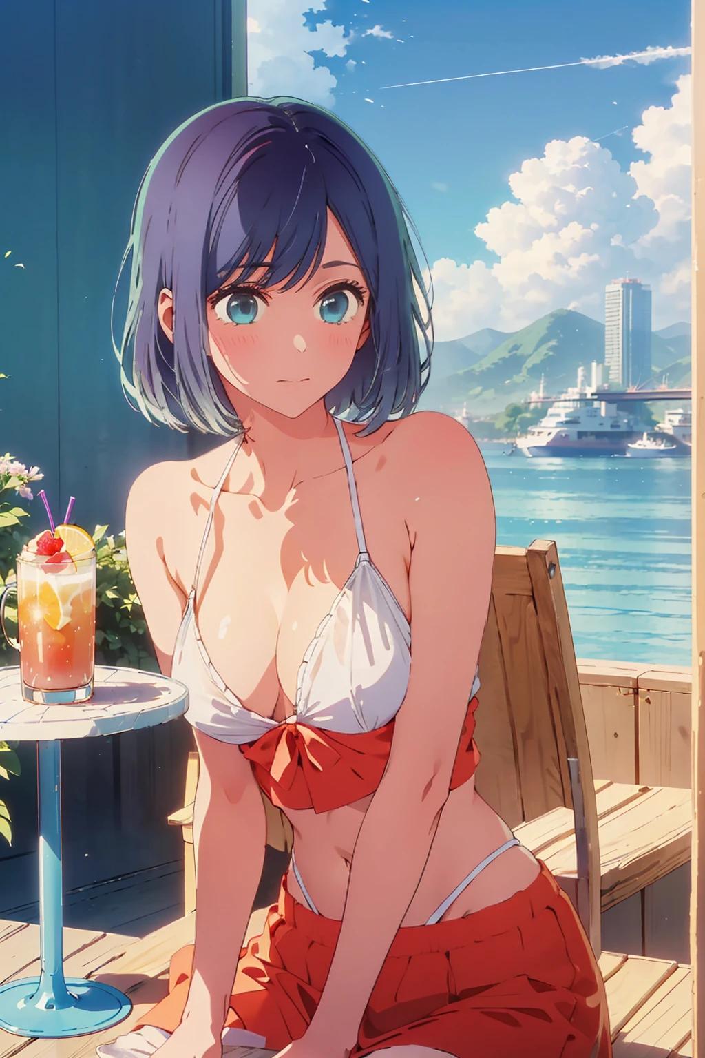 Highest quality,8k,detailed,F cup bust、Big Breasts、Very cute face、Slim and beautiful arms、Slim body、((((1 person、looking at the camera、smile、Very white beautiful skin、Thin white bikini、smile、sit、In the background are the skyscrapers of Tokyo city、Outdoor café terrace、Drink juice、Cheek resting on hand、coastal、table、Shooting from a distance))))、I can see the deep blue sky、She tilted her head slightly、The atmosphere is bright and lively、The woman is at the center of the image。