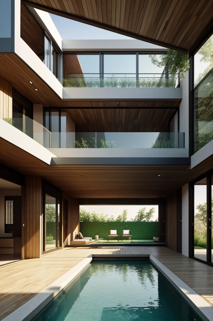 Professional 3d architecture rendering design of modern and minimal Iranian house with wooden windows and small pool in the middle of courtyard and green space and the room around the courtyard
