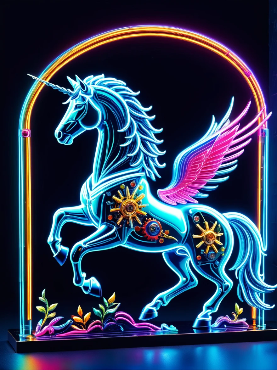 (Mechanical Neon Unicorn:1.5)，mystery生物 , (mystery的霓虹机器), (Mechanobiology)，Glowing neon lights，mystery，phantom，transparent，Bioluminescence，Holy Light，Fluorescence，charm，mystery，Vibrant colors，Detailed description，real，超级real，A spectacular technological fantasy，epic surrealism，Spectacular future fantasy，Vibrant colors，Ultra high saturation，Bright colors