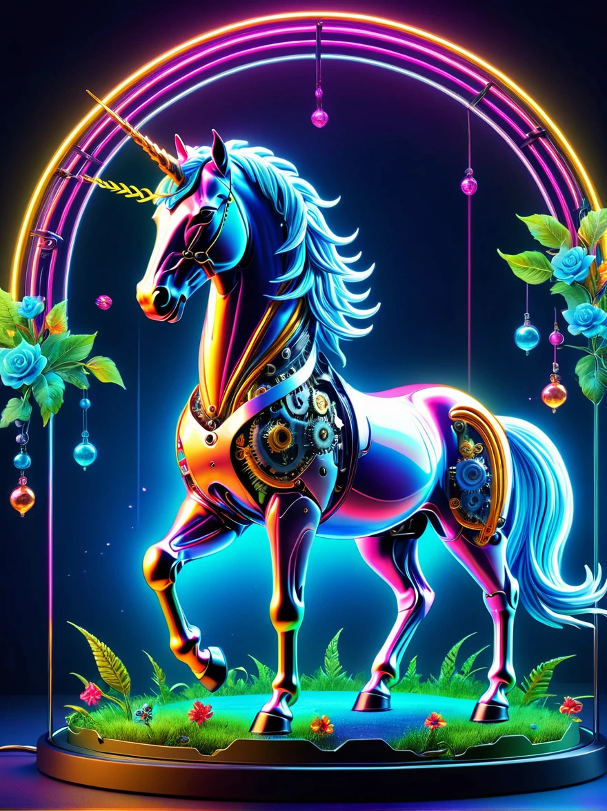 (Mechanical Neon Unicorn:1.5)，mystery生物 , (mystery的霓虹机器), (Mechanobiology)，Glowing neon lights，mystery，phantom，transparent，Bioluminescence，Holy Light，Fluorescence，charm，mystery，Vibrant colors，Detailed description，real，超级real，A spectacular technological fantasy，epic surrealism，Spectacular future fantasy，Vibrant colors，Ultra high saturation，Bright colors