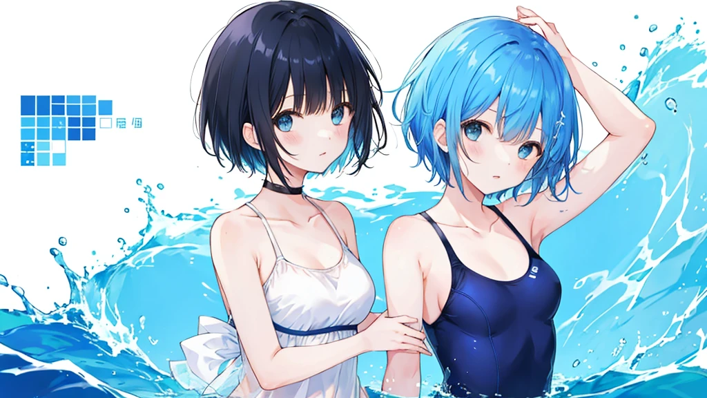 Girl in swimsuit、Blue short hair