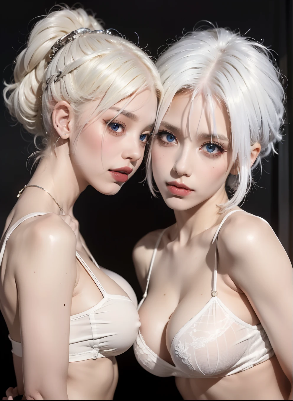 traptrixmantis,crop tank top, mini thong,((platinum white hair 2girls:1.2)), ((2girls kissing touching and hugging each other:1.2)),full body, accentuated super huge enormously gigantic breasts cleavage and underboob, biy , sitting, bedroom background,masterpiece,solo,beautiful detailed eyes,finely detail,detailed face,vivid color,5 fingers,finely detailed,hyper detailed,detailed hand,8k,finely detailed beautiful eyes,high resolution illustration,best quality,