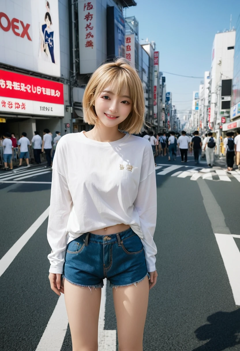 1 female,perfect 20 year old,Gal,((Ideal body proportions:1.3,Small Head:1.7)),Sunburn,(((High quality anime, 8k,masterpiece,Perfect Anatomy))),Cowboy Shot,(Beautiful and exquisite face and eyes,gorgeous eyes:1.3), break ,Brown eyes, break ,Blonde,Short Bob Hair,bangs, break ,smile,blush,Small breasts,Slender body,Toned body,skinny,Sweat, break ,Oversized white T-shirt,Long sleeve、denim micro shorts, break ,Are standing,on the road,Shibuya Station、Tokyo、