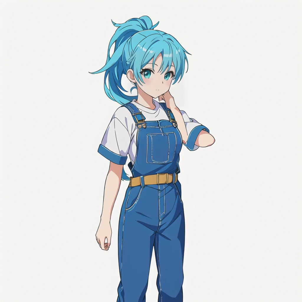 Highest quality, high resolution, High quality anime art style, Official Art, Smooth anime CG art, Stylized anime, Cute 3D anime girl render, Visual Novel Sprites, White background, whole body, Anime-style 3D, Smooth anime CG art, humanoid woman, JRPG Characters, Anime woman with blue hair and blue overalls, Turquoise hair anime girl, ponytail, 18-year-old