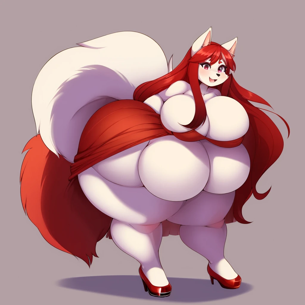 Malamute, female, long hair, huge breasts, huge hips, huge thighs, plump, voluptuous,chubby,fluffy cheeks, fluffy, fluffy tail,rolled up tail,