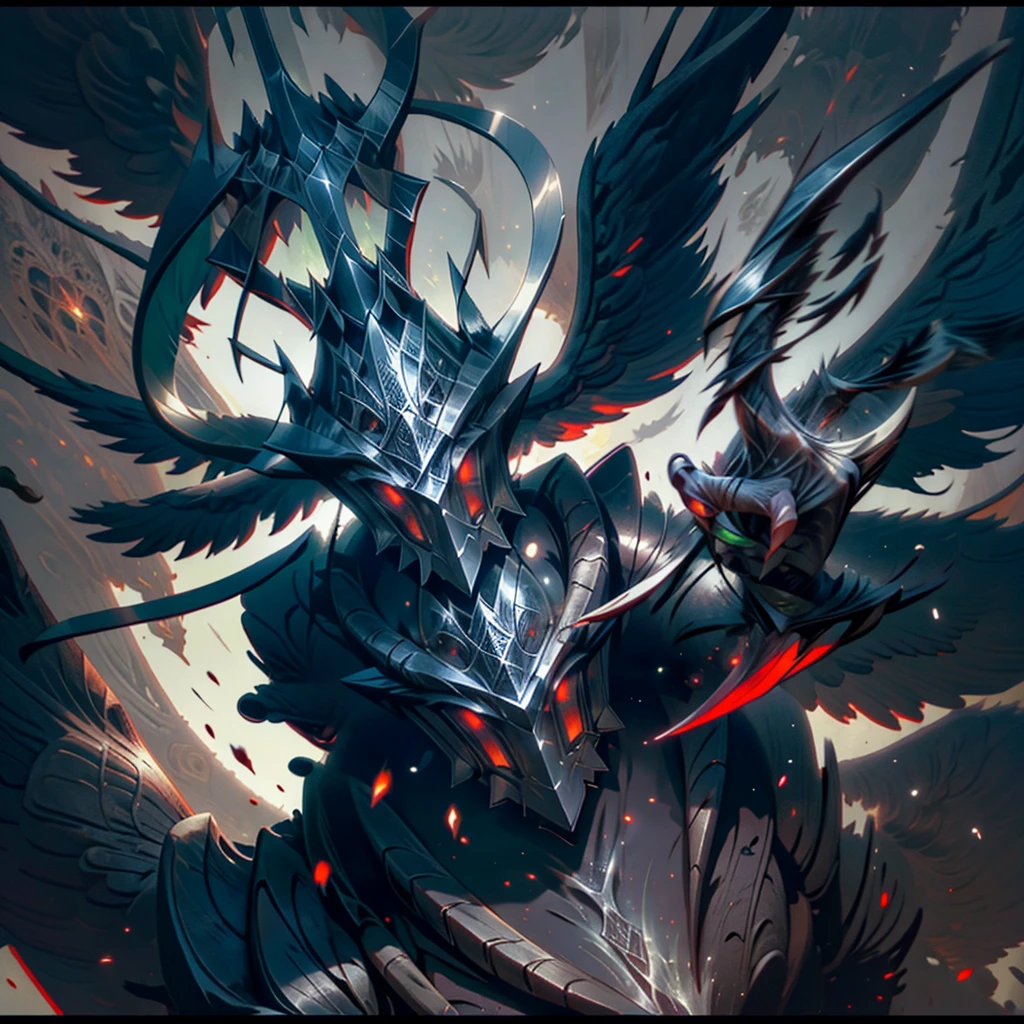 Dark knight, red aura, fallen angel, black wings, red blade, evoking the presense of a final boss, burning, inferno theme, dark souls vibe, elden ring vibe