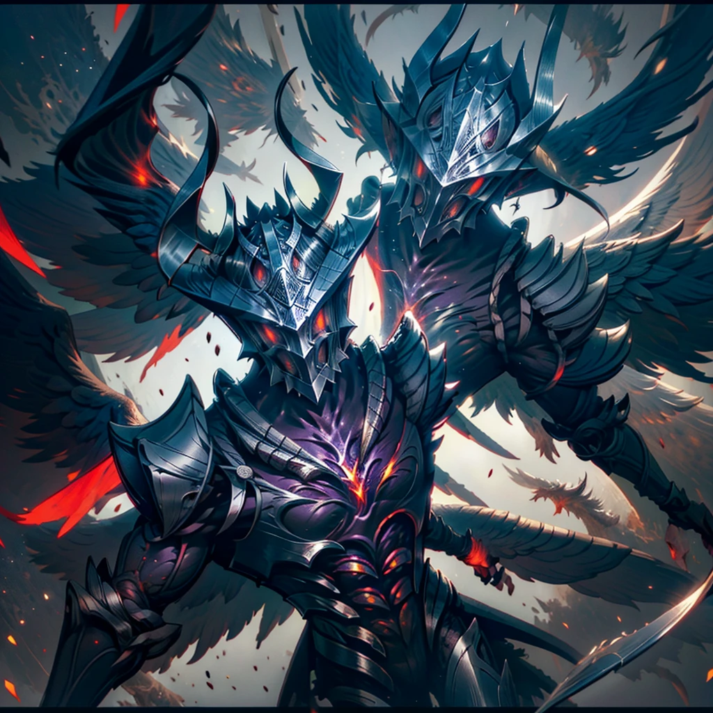 Dark knight, red aura, fallen angel, black wings, red blade, evoking the presense of a final boss, burning, inferno theme, dark souls vibe, elden ring vibe