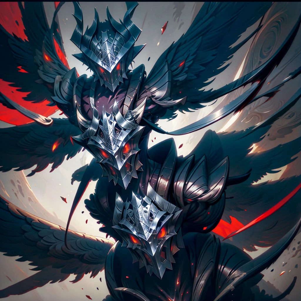 Dark knight, red aura, fallen angel, black wings, red blade, evoking the presense of a final boss, burning, inferno theme, dark souls vibe, elden ring vibe