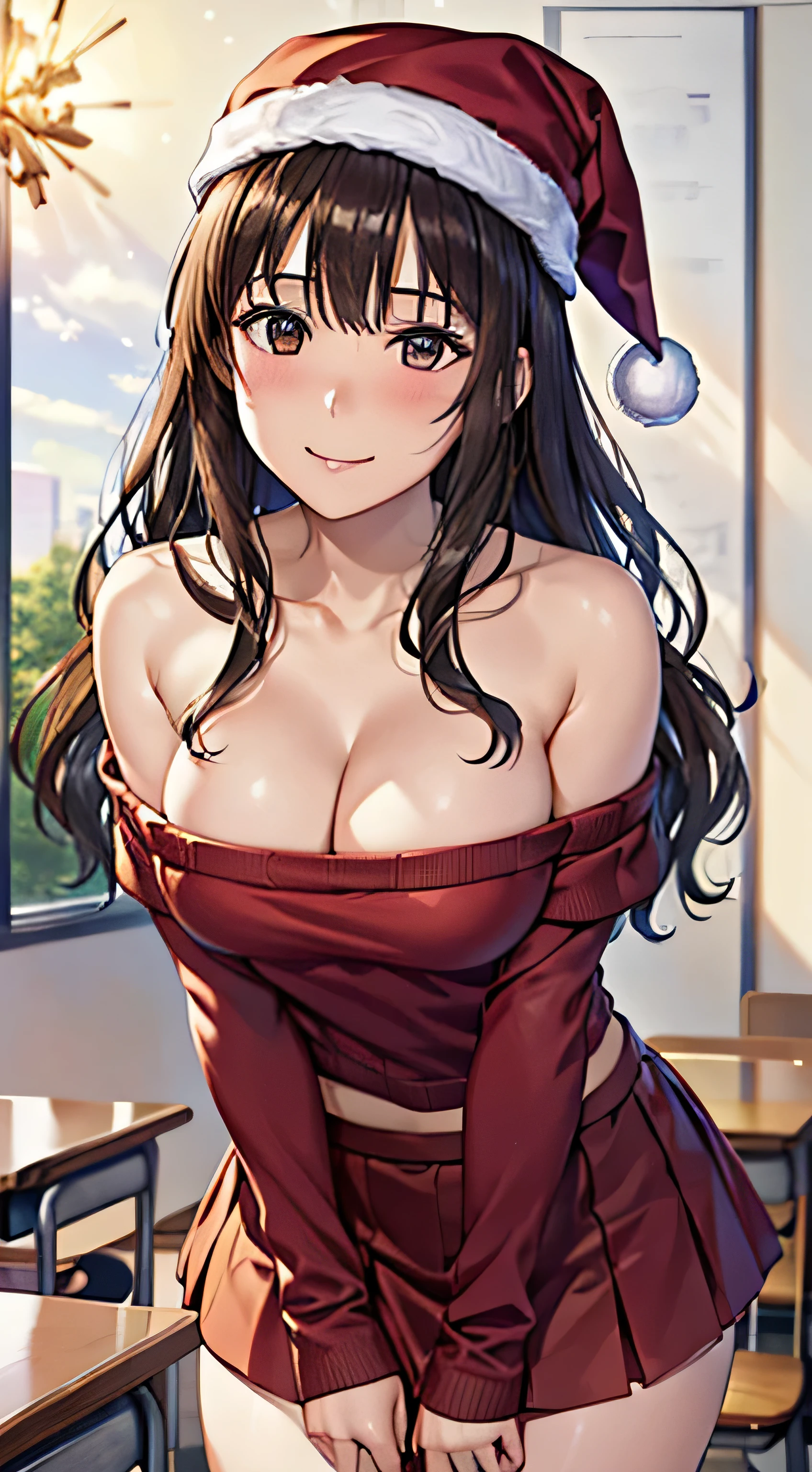 ((Tabletop, Highest quality, High resolution, , Pixel Perfect, 4K,))), 1 female teacher, single, alone, beauty、The whole body is visible、 ((Long Wavy Hair, bangs, Brown Hair)), ((Brown eyes, Beautiful eyelashes, Realistic eyes)), ((Detailed face, Blushing:1.2)), ((Smooth texture:0.75, Realistic texture:0.65, Realistic:1.1, Anime CG Style)), Big Breasts, Dynamic Angle, Perfect body, (( , , Santa Claus Cosplay Hat、 Santa Claus Cosplay Off Shoulder Sweater、flare skirt、Floral lace panties 、)), 、、Very embarrassing panic smile, 、、classroom、、、、Stick your butt out、Leaning forward、Bring your arms together、 、Angle from below)、