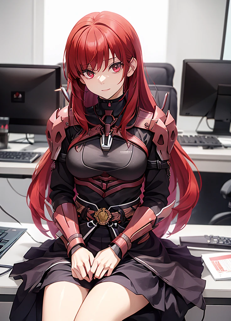 score_9, score_8_up, score_7_up, score_6_up, score_5_up, score_4_up, source_anime, tomboy girl, long hair, Bust Cup B , open-chest outfit, Guillotine Cross Set, breastplate, waist armor, Armor, red hair, red eyes, Sparkling eyes, sit, Mobile gaming mouse, office backdrop, Sharp picture, Magical light, Bright atmosphere, beautiful backdrop, simple