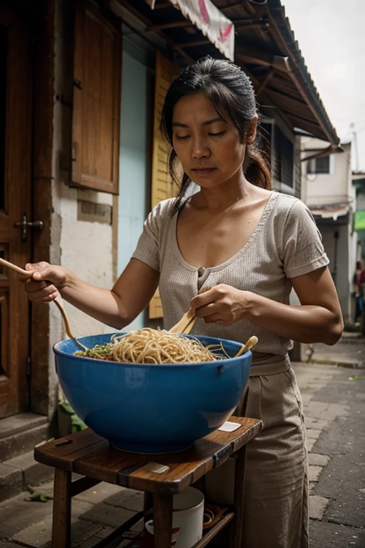 1woman,a middle-aged Singaporean woman prepares a bowl of noodles from her cart, world war 2 has been over for three years now, life has been tough on her, she is alone, her noodle cart is all she has now