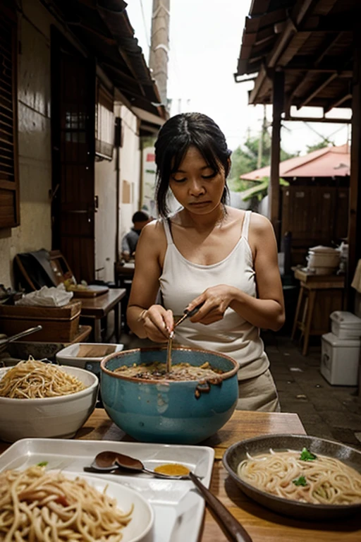 1woman,a middle-aged Singaporean woman prepares a bowl of noodles from her cart, world war 2 has been over for three years now, life has been tough on her, she is alone, her noodle cart is all she has now