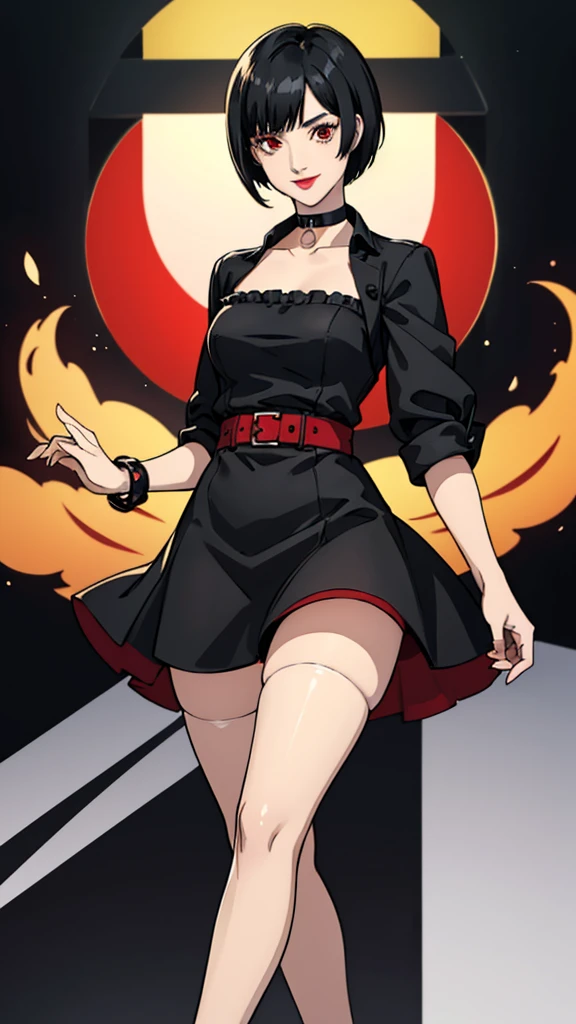 1 girl, Red eyes, very Short hair, black choker, lipstick, cowboy shot, smile, black hair, female , tomboy Pixie haircut, bandeau, dress, stockings, thicc legs, cowboy shot