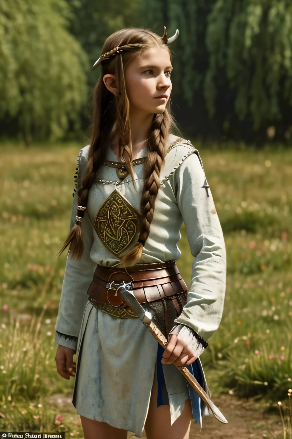England, 878. A young ((((15-year-old)) Brida)), viking girl, fierce, very thin and skinny ((((viking clothings from the 870s)))), ((brunette hairstyle of the 870s)), ((colorful, Monet))
