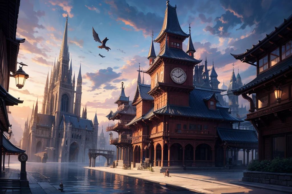 The Eldritch Kingdom thrived on magical power.。Floating buildings、The path to self-healing、Magical creatures flying in the sky。A country where magic is part of everyday life