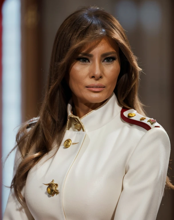 Realistic photo of beautiful 1girl solo mlntrmp ((melania trump)),  warhammer_40k_commissar white uniform, hentai
 