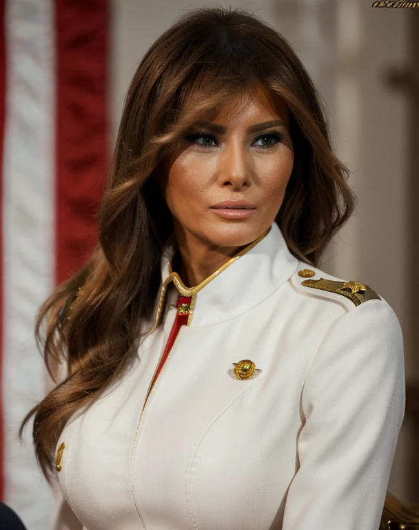 Realistic photo of beautiful 1girl solo mlntrmp ((melania trump)),  warhammer_40k_commissar white uniform, hentai
 