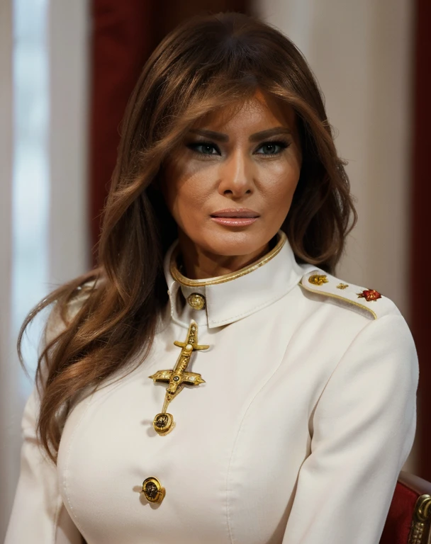 Realistic photo of beautiful 1girl solo mlntrmp ((melania trump)),  warhammer_40k_commissar white uniform, hentai
 