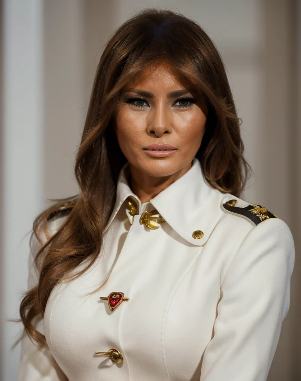 Realistic photo of beautiful 1girl solo mlntrmp ((melania trump)),  warhammer_40k_commissar white uniform, hentai
 