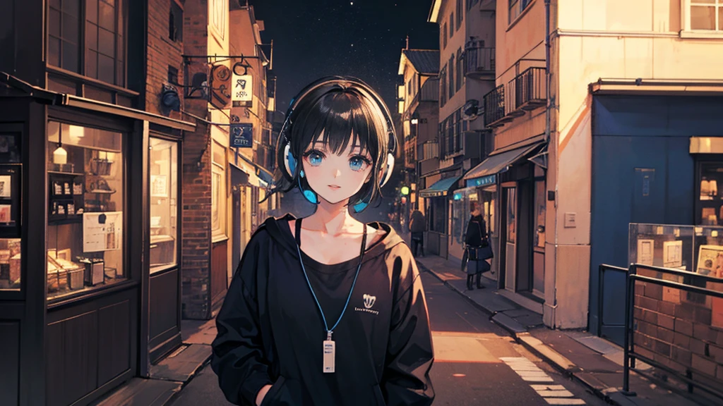 Black short Hair, Black Clothing, One Adult Woman ,Blue headphones、 City of night, Delicate background、Masterpiece、Night Town、night、dark