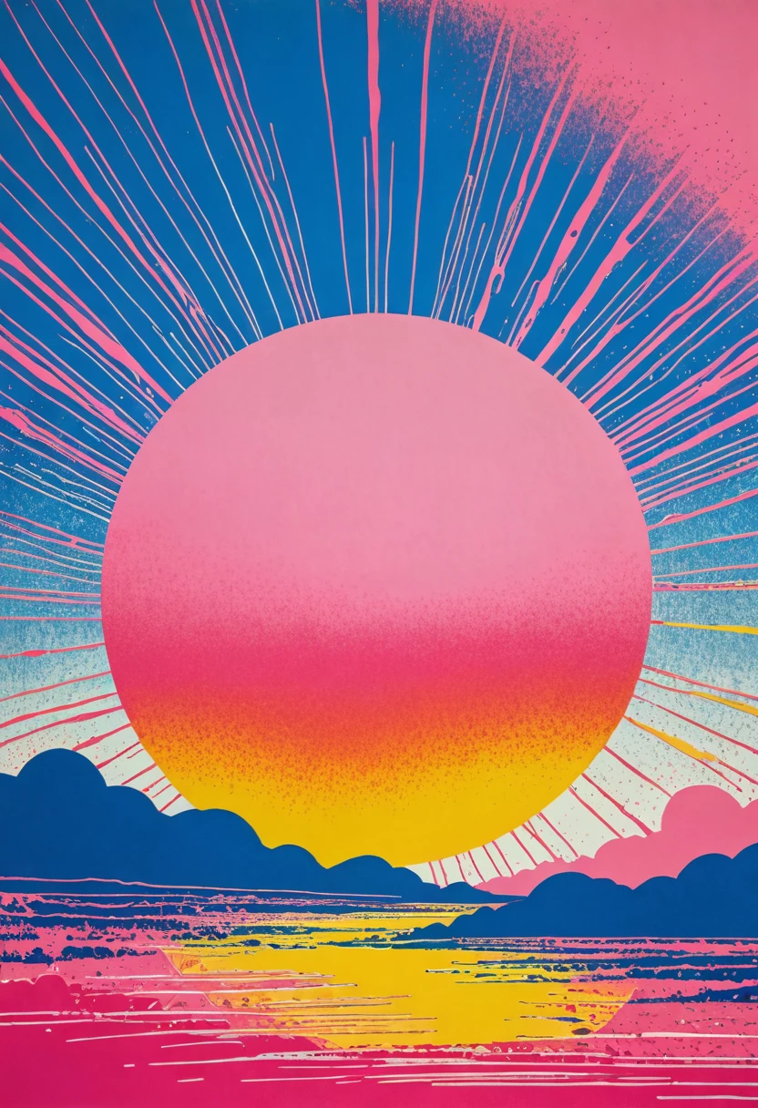 painting of a pink and yellow sun and a blue sky, a screenprint inspired by Sigmar Polke, dribble, dada, (screen print), 3 color screen print, color screenprint, silkscreen print, screen print, screenprint, ( ( risograph ) ), silk screen print, michal mraz, screen print texture
