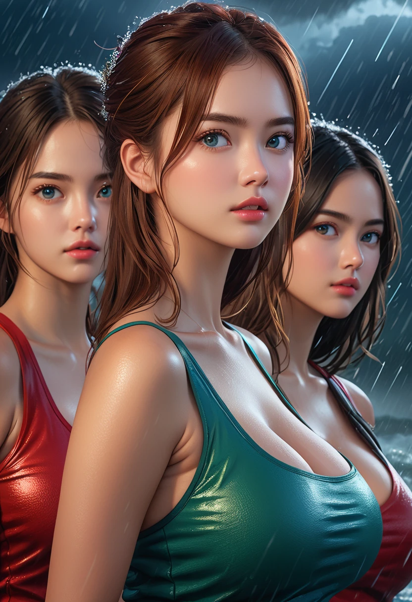 Highest quality, Super detailed, (Ultra-high resolution,8K), Ultra-high definition 4K, (5 cute girls), (Beautiful Eyes), (High-quality facial beauty), (In the Storm:1.2), (Photorealistic), (Detailed big breasts), Soft Skin, Glowing Skin, (Women&#39;s nightwear＆dress), Bright lighting, Very heavy rain,, colorful, Goddess-like beauty