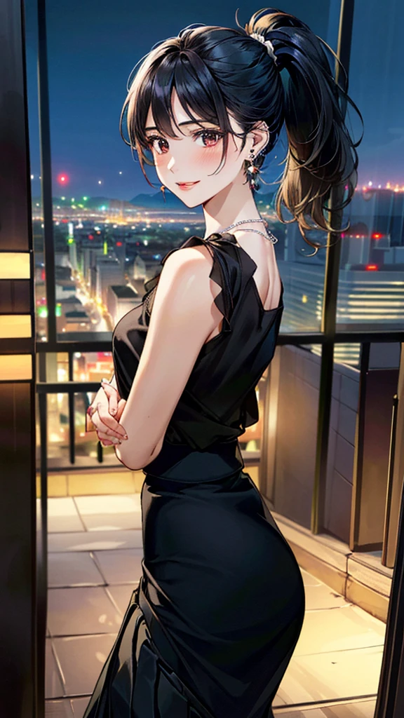 (masterpiece:1.3, Highest quality, Ultra-high resolution, Super detailed), (Realistic, photoRealistic:1.4), Beautiful illustrations, Perfect lighting, colorful, Depth of written boundary, 
Beautiful detailed hair, Beautifully detailed face, Beautiful fine details, Beautiful clavicle, Beautiful body, 美しいLarge Breasts, Beautiful thighs, Beautiful feet, Beautiful fingers, 
View Viewer、Front view:0.6, Beauty1人, Japanese, Beauty、30 years old, Perfect Face, (Perfect Anatomy, Anatomically correct), Cute and symmetrical face, Baby Face, , Shiny skin, 
((Black sheer blouse:1.2)), ((White wrap around skirt:1.5))、
(Black Hair, Medium、ponytail:1.4),  Dark brown eyes, (Large Breasts), Slim body, 
necklace, (Small earrings:1.3), 
(Beautiful views), (night), (city, cityscape in the distance), (Hands clasped:1.2), A soft smile、(Smile, Lips parted), 