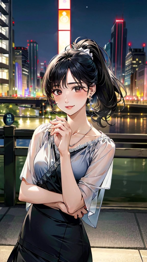 (masterpiece:1.3, Highest quality, Ultra-high resolution, Super detailed), (Realistic, photoRealistic:1.4), Beautiful illustrations, Perfect lighting, colorful, Depth of written boundary,
Beautiful detailed hair, Beautifully detailed face, Beautiful fine details, Beautiful clavicle, Beautiful body, 美しいLarge Breasts, Beautiful thighs, Beautiful feet, Beautiful fingers,
View Viewer、Front view:0.6, Beauty1人, Japanese, Beauty、30 years old, Perfect Face, (Perfect Anatomy, Anatomically correct), Cute and symmetrical face, , , Shiny skin,
((Black sheer blouse:1.2)), ((White wrap around skirt:1.5))、
(Black Hair, Medium、ponytail:1.4), Dark brown eyes, (Large Breasts), Slim body,
necklace, (Small earrings:1.3),
(Beautiful views), (night), (city, cityscape in the distance), (Hands clasped:1.2), A soft smile、(Smile, Lips parted),