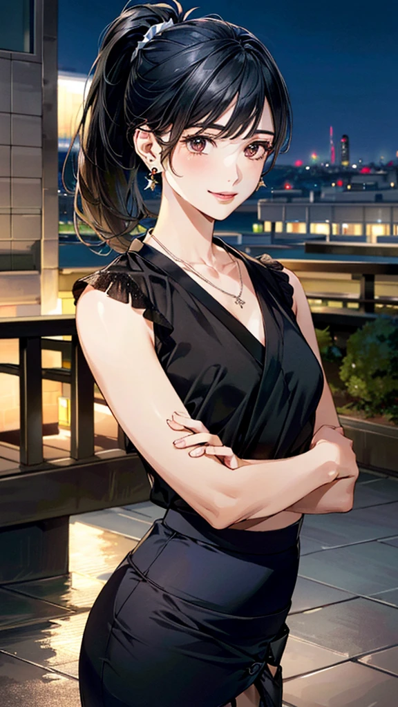 (masterpiece:1.3, Highest quality, Ultra-high resolution, Super detailed), (Realistic, photoRealistic:1.4), Beautiful illustrations, Perfect lighting, colorful, Depth of written boundary, 
Beautiful detailed hair, Beautifully detailed face, Beautiful fine details, Beautiful clavicle, Beautiful body, 美しいLarge Breasts, Beautiful thighs, Beautiful feet, Beautiful fingers, 
View Viewer、Front view:0.6, Beauty1人, Japanese, Beauty、30 years old, Perfect Face, (Perfect Anatomy, Anatomically correct), Cute and symmetrical face, Baby Face, , Shiny skin, 
((Black sheer blouse:1.2)), ((White wrap around skirt:1.5))、
(Black Hair, Medium、ponytail:1.4),  Dark brown eyes, (Large Breasts), Slim body, 
necklace, (Small earrings:1.3), 
(Beautiful views), (night), (city, cityscape in the distance), (Hands clasped:1.2), A soft smile、(Smile, Lips parted), 