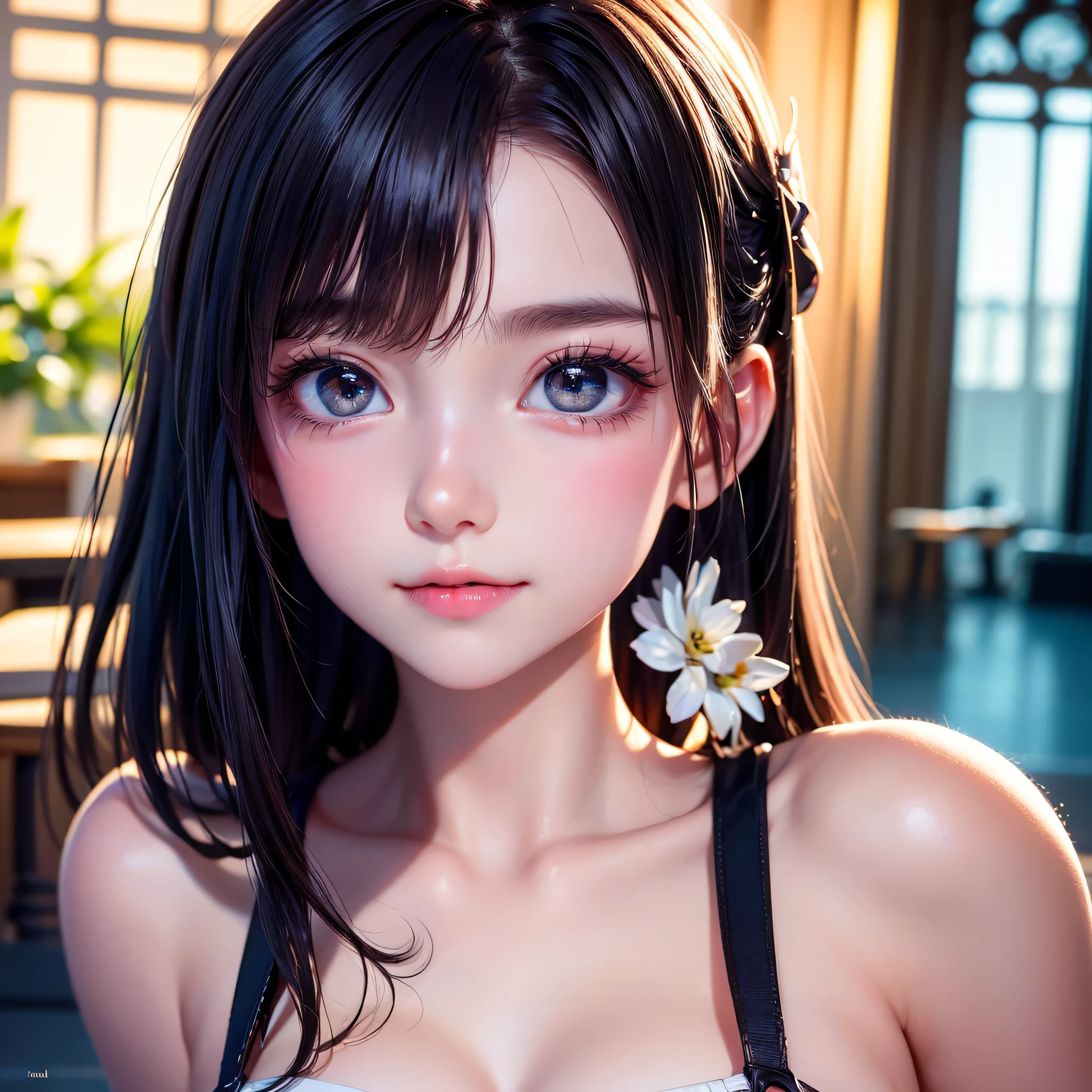 One Girl,(One very cute girl:1.3),masterpiece,Highest quality,High resolution,Photorealistic,RAW Photos,Ray Tracing,beautiful girl,(:1.3),cute,Big eyes,(detailed pupils:1.2),(The face is facing straight ahead:1.3),Body facing forward,Beautiful nose,Fuller lips,Short black hair,ponytail,short hair,Detailed eyelashes,Thin eyebrows,Very fine grain definition,(Symmetrical eyes:1.3),(Face close-up,Face Focus:1.0),White swimsuit,White Bikini,The background is the sea,Portrait,View Viewer,From below,Cinema Lighting,High resolution,Very detailed