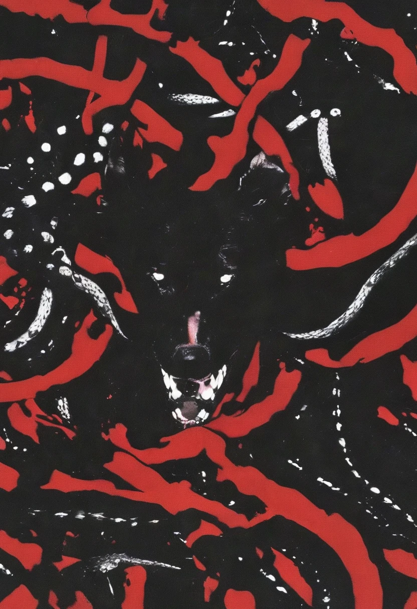 red and black dog surrounded by snakes