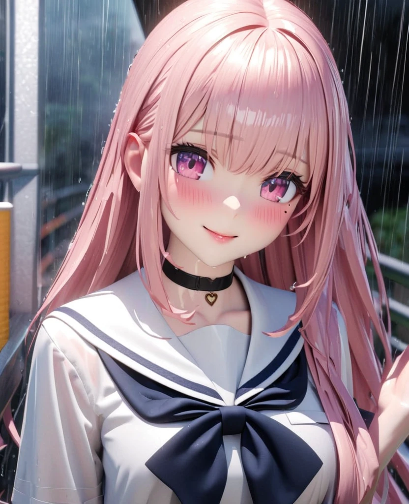 masterpiece, best quality, very detailed, high resolution, expensive solution, high resolution, 4k, 8k, Unity 8k wallpaper, highly detailed CG, masterpiece, 2d, 3d, beautiful details, depth, fine texture, best quality: 1.3, total concentration, transparent skin, him, very cute anime girl, expensive pink long hair, one girl, high school sailor uniform, on the way home from school, it was raining heavily and she was soaking wet. The sailor uniform was see-through, her hair was soaking wet, smiling long pink hair, full body, on the way home from school, heavy rain, mole under eye, gaze, expensive, blush, lips parted, heart, pink eyes, choker