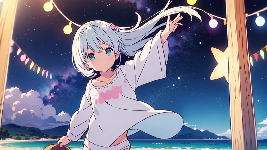 Una linda camisa blanca que la deja ver. 、Falda de vuelo celeste con volantes、Se levanta la falda con ambas manos para lucir su linda ropa interior blanca.、Linda ropa interior blanca visible cuando se levanta la falda.、Playa de arena, Mar hermoso, noche y cielo estrellado