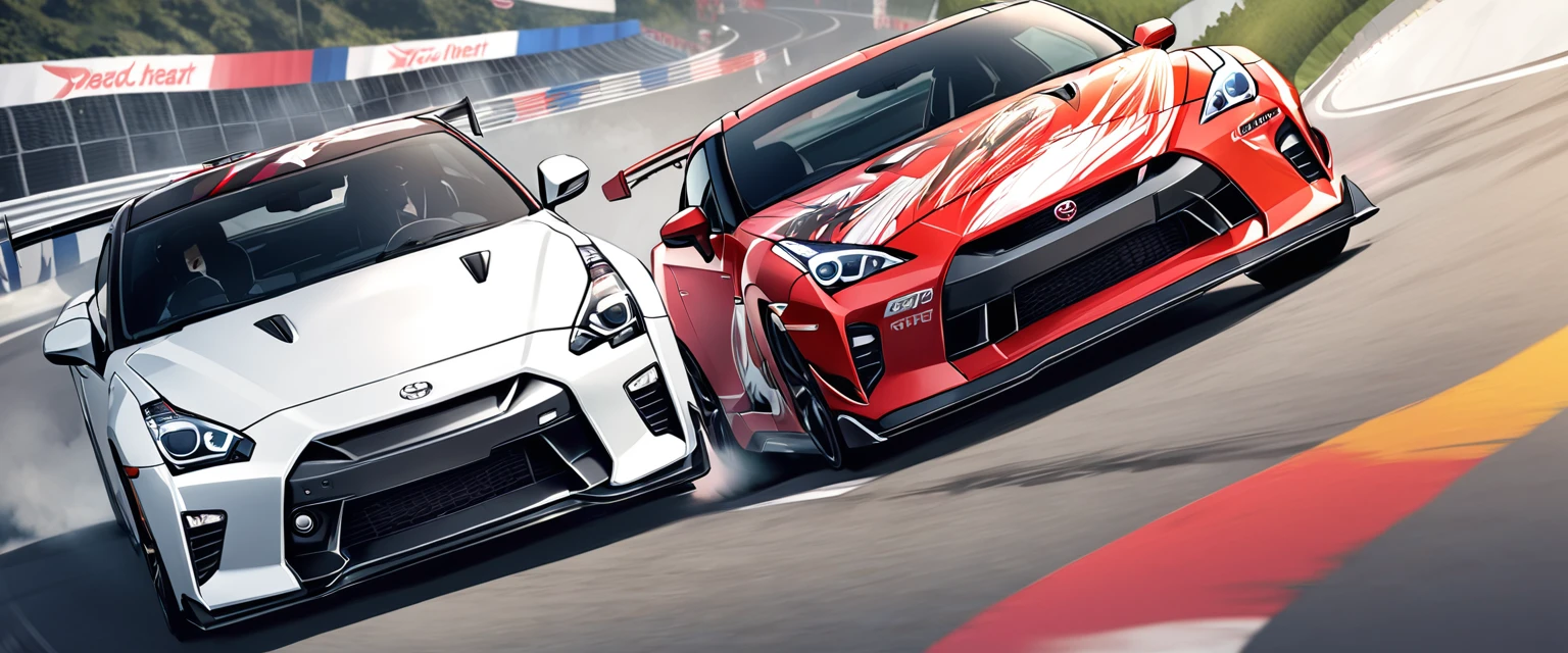 Two sports cars、race、Dead Heat、Toyota 86、nissan GTR、The hood has an anime girl printed on it、Car wrapping、drift、battle、Dead Heat、Passage、Winding Road、Speed