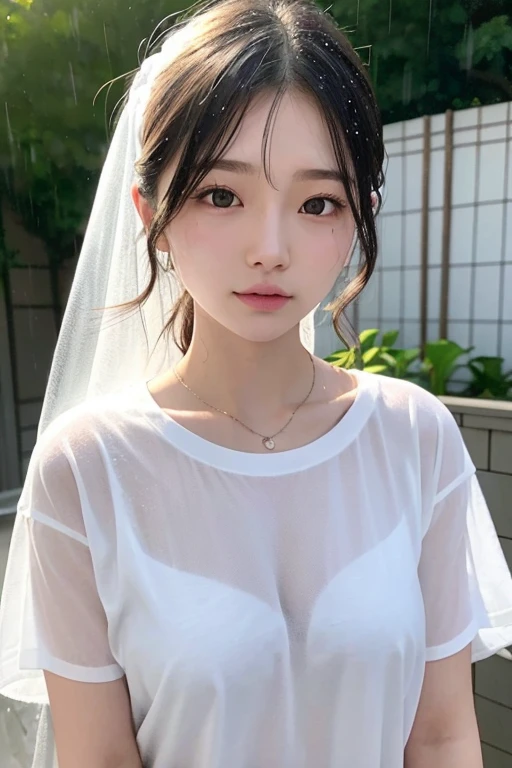 20-year-old、Japanese、Beauty、Rain、White T-shirt、soaked、See-through、photograph、
