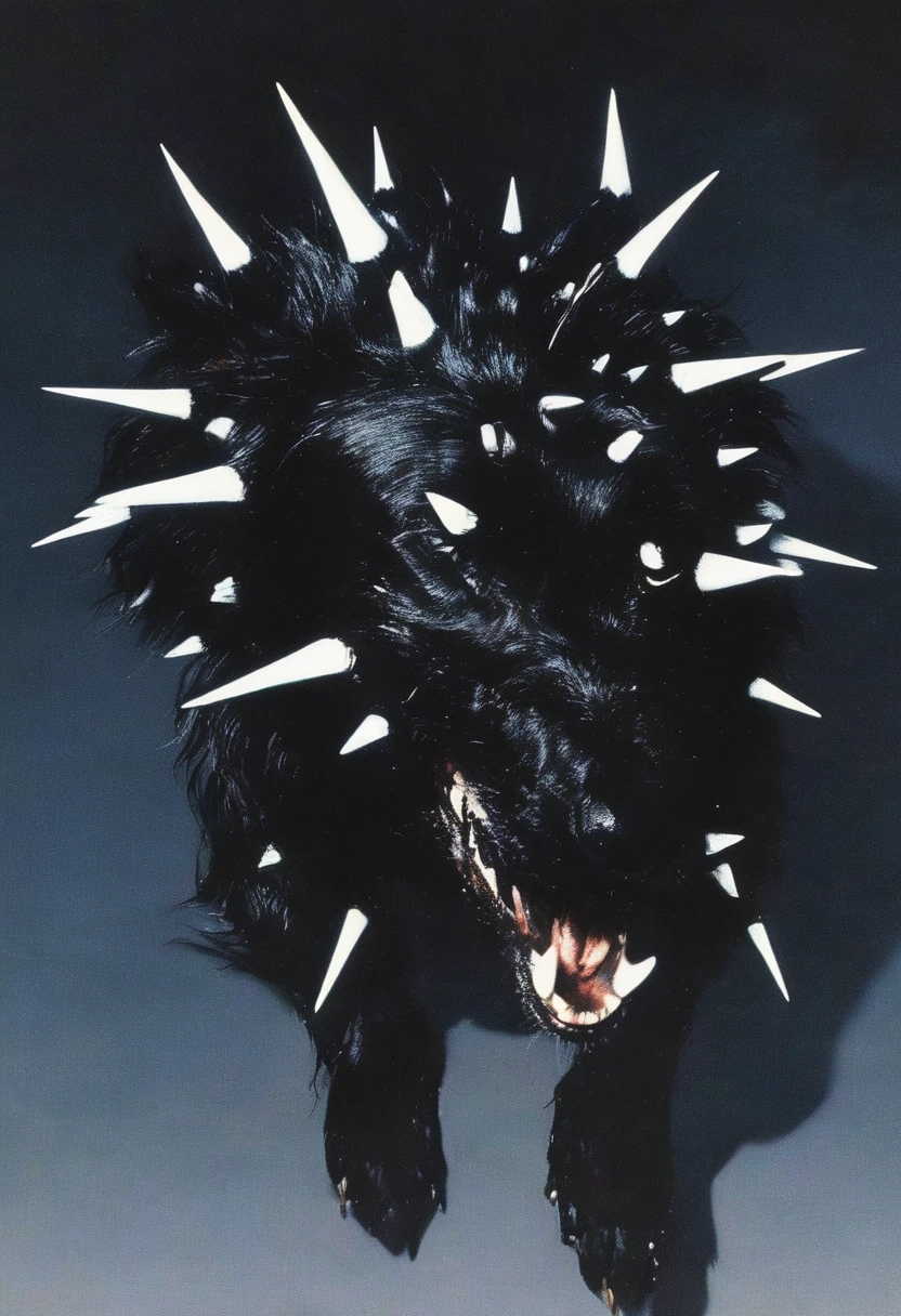 long view of abstract photorealistic art of dog white spikes and giant teeth at night