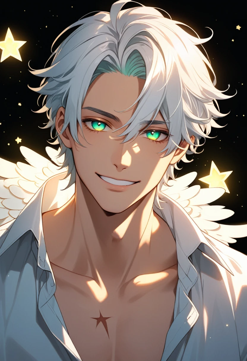 Angelic appearance, White Angelic Clothes, A very slightly unbuttoned white shirt, Star-shaped scars on the neck, The eyes are turquoise-green in color with yellow illumination and white pupils, A small scar above the eye, Slightly unbuttoned shirt, Shining white hair reaches the jaw separates, becomes longer up to the coccyx, beautiful guy, skinny body, smile, cute lips, extremely beautiful guy smiling, angel aesthetic, The light from behind, black background, so big eyes, cute guy